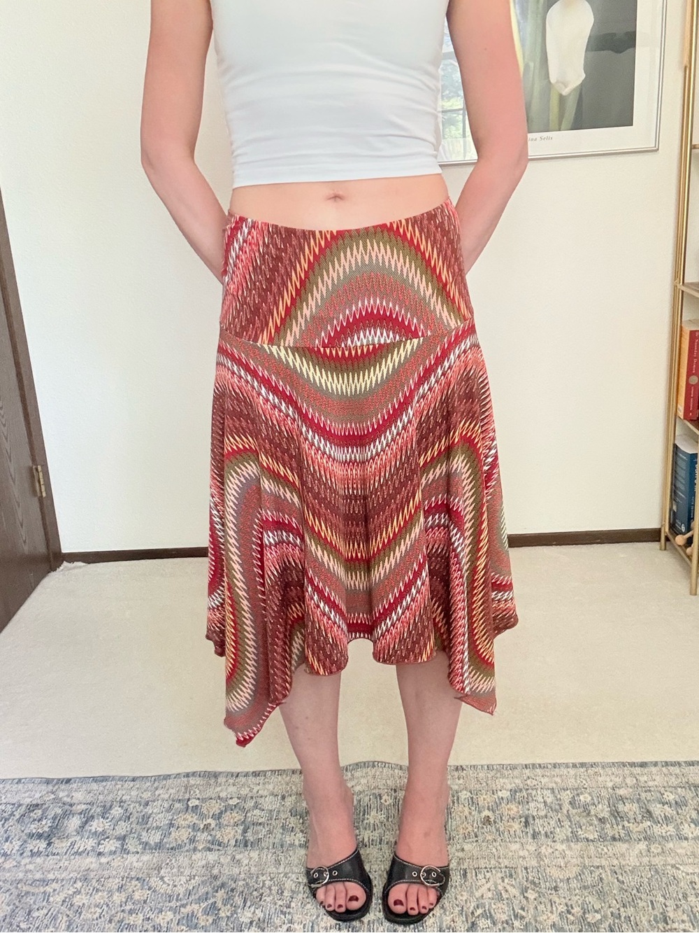 Y2K Low Rise Drop Waist Asymmetrical Hem Patterned Midi Skirt Fairy Boho